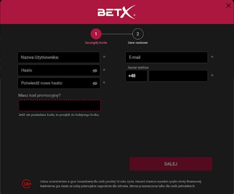 BetX kod promocyjny - rejestracja etap 1